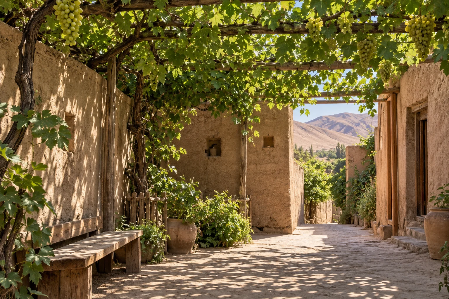 AI-generated illustration of a grapevine-shaded earthen courtyard inspired by the Turpan oasis