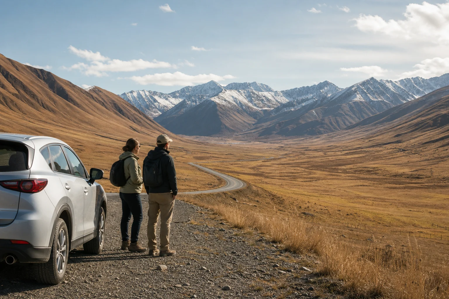 Two international travelers at a safe roadside pull-off overlooking a Tianshan valley in Xinjiang