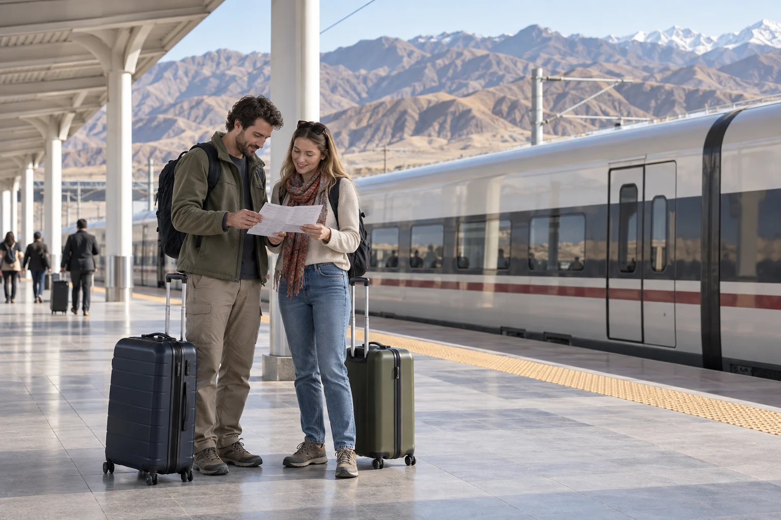 AI-generated illustration of international travelers preparing to board an intercity train in a Xinjiang-inspired mountain setting