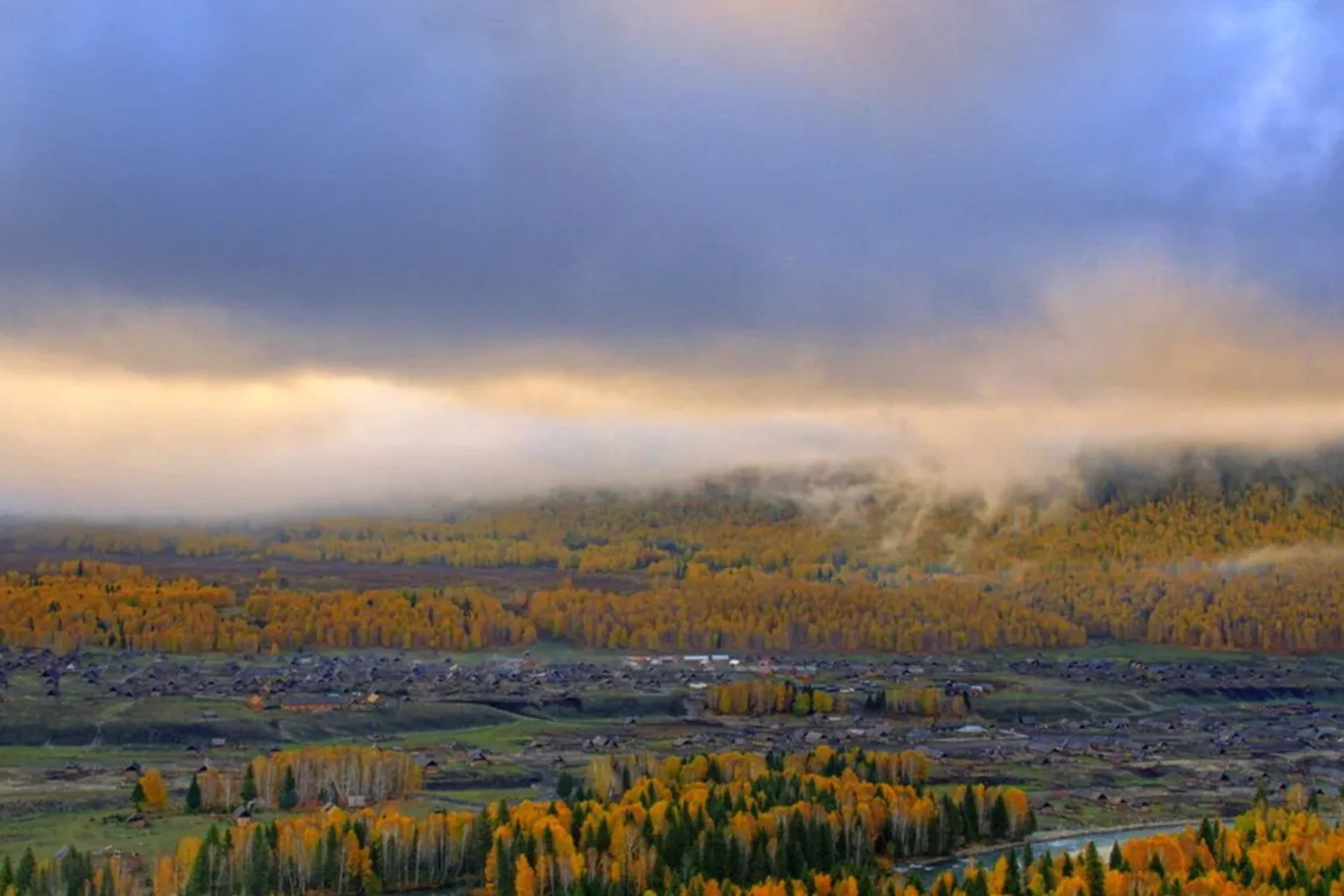 Autumn forest and misty valley in Northern Xinjiang